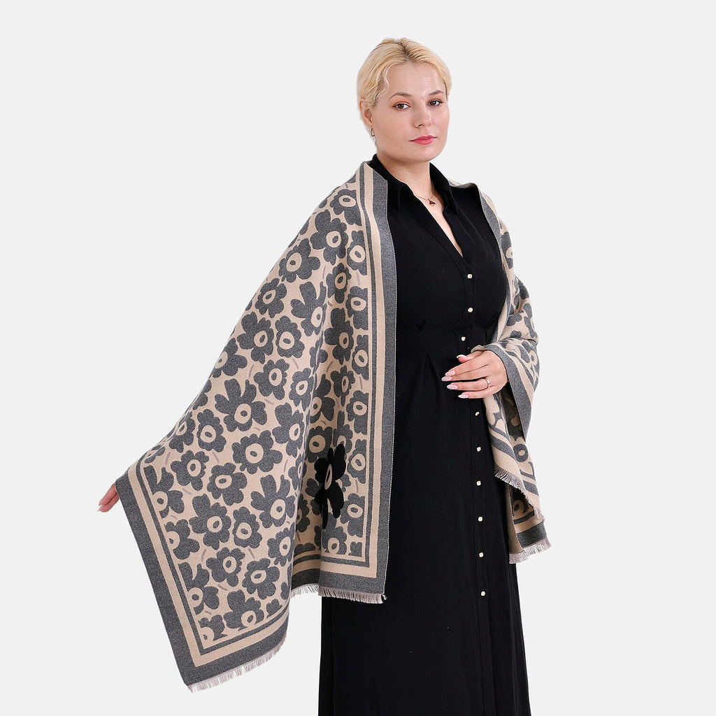 Closeout Deal Super Soft Shawl One Size Color Beige Base With Gray Floral Pattern 100% Viscose.