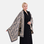 Closeout Deal Super Soft Shawl One Size Color Beige Base With Gray Floral Pattern 100% Viscose.