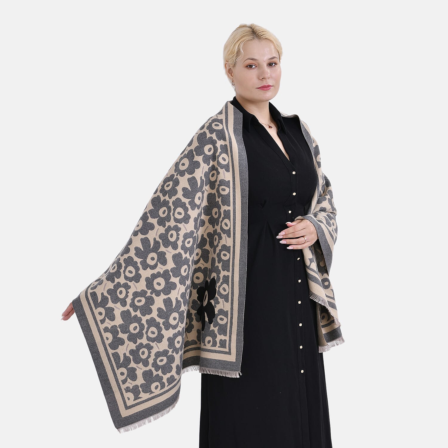 Closeout Deal Super Soft Shawl One Size Color Beige Base With Gray Floral Pattern 100% Viscose.