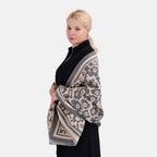 Closeout Deal Super Soft Shawl One Size Color Beige Base With Gray Floral Pattern 100% Viscose.