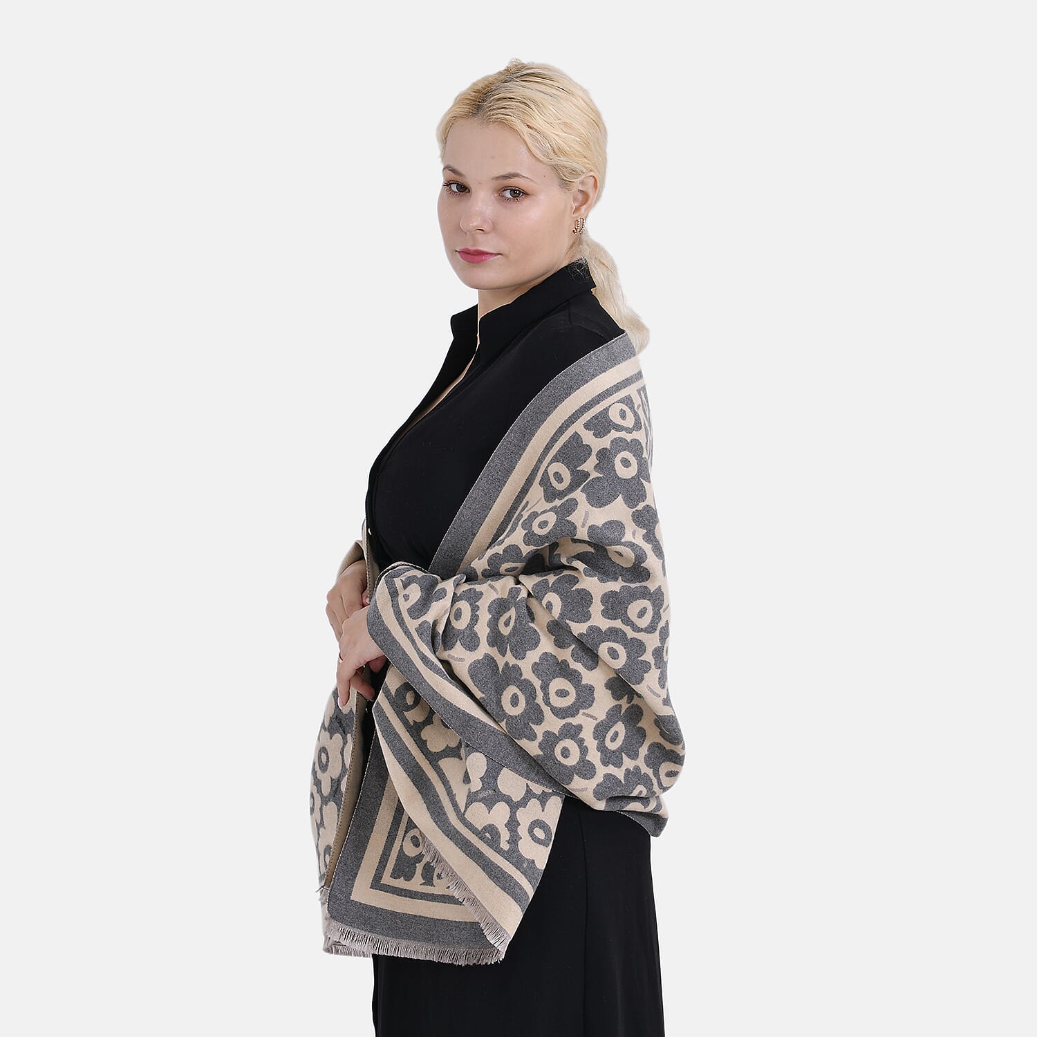 Closeout Deal Super Soft Shawl One Size Color Beige Base With Gray Floral Pattern 100% Viscose.