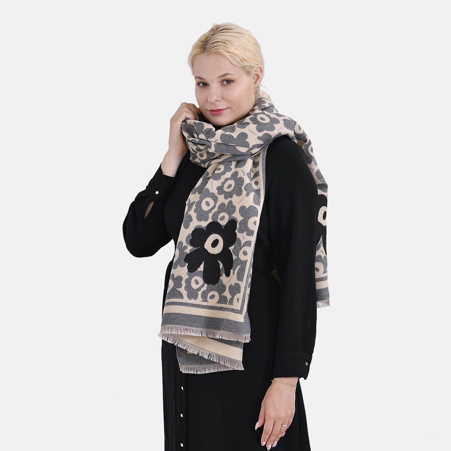 Closeout Deal Super Soft Shawl One Size Color Beige Base With Gray Floral Pattern 100% Viscose.
