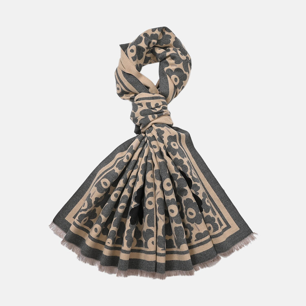 Closeout Deal Super Soft Shawl One Size Color Beige Base With Gray Floral Pattern 100% Viscose.