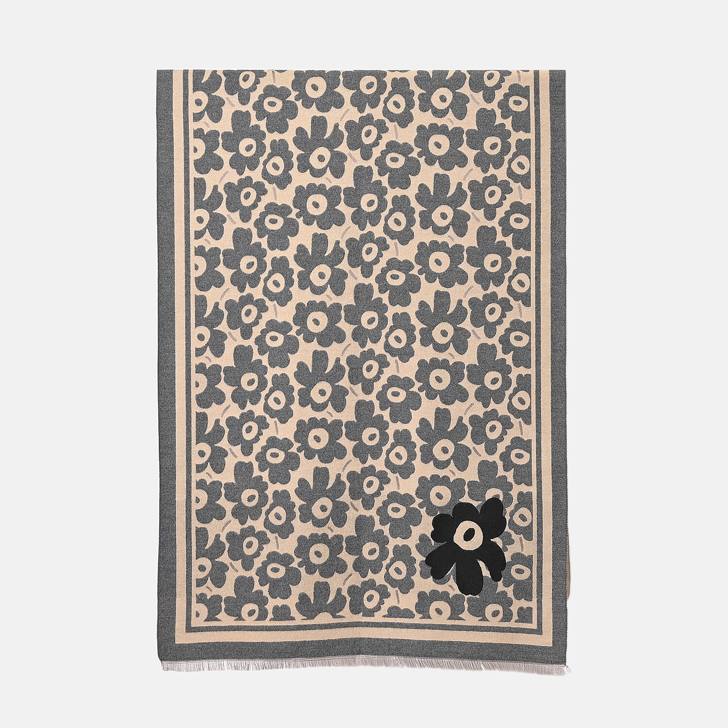 Closeout Deal Super Soft Shawl One Size Color Beige Base With Gray Floral Pattern 100% Viscose.