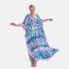 Closeout Deal 100% Viscose V-Neck Tie-Dye Stripe Pattern-Mid-Sleeve Dress (One Size) (8 TO 20) -  Green - Purple