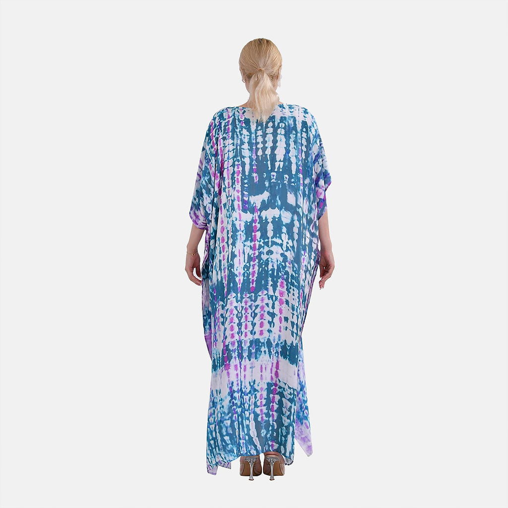 Closeout Deal 100% Viscose V-Neck Tie-Dye Stripe Pattern-Mid-Sleeve Dress (One Size) (8 TO 20) -  Green - Purple