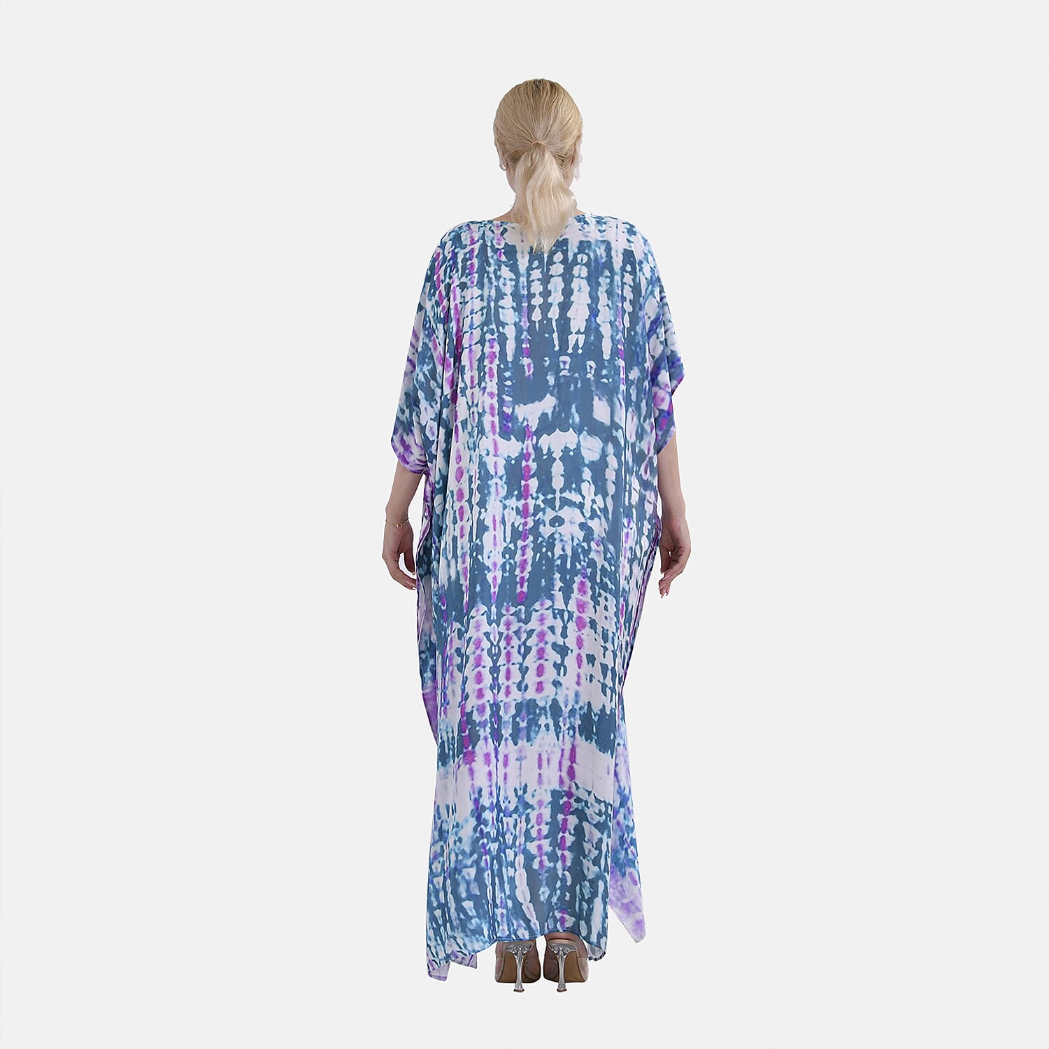 Closeout Deal 100% Viscose V-Neck Tie-Dye Stripe Pattern-Mid-Sleeve Dress (One Size) (8 TO 20) -  Green - Purple