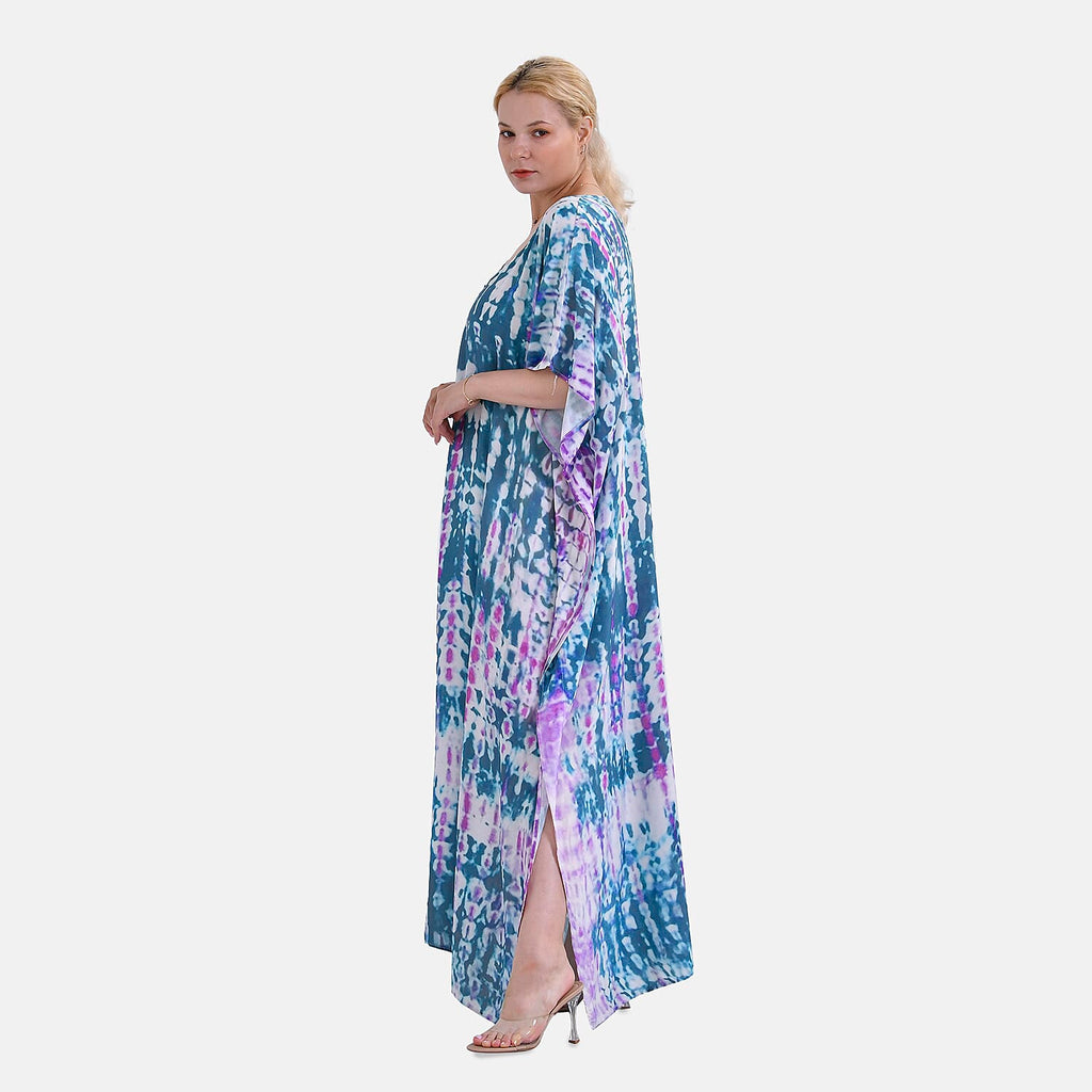 Closeout Deal 100% Viscose V-Neck Tie-Dye Stripe Pattern-Mid-Sleeve Dress (One Size) (8 TO 20) -  Green - Purple