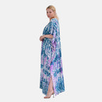Closeout Deal 100% Viscose V-Neck Tie-Dye Stripe Pattern-Mid-Sleeve Dress (One Size) (8 TO 20) -  Green - Purple