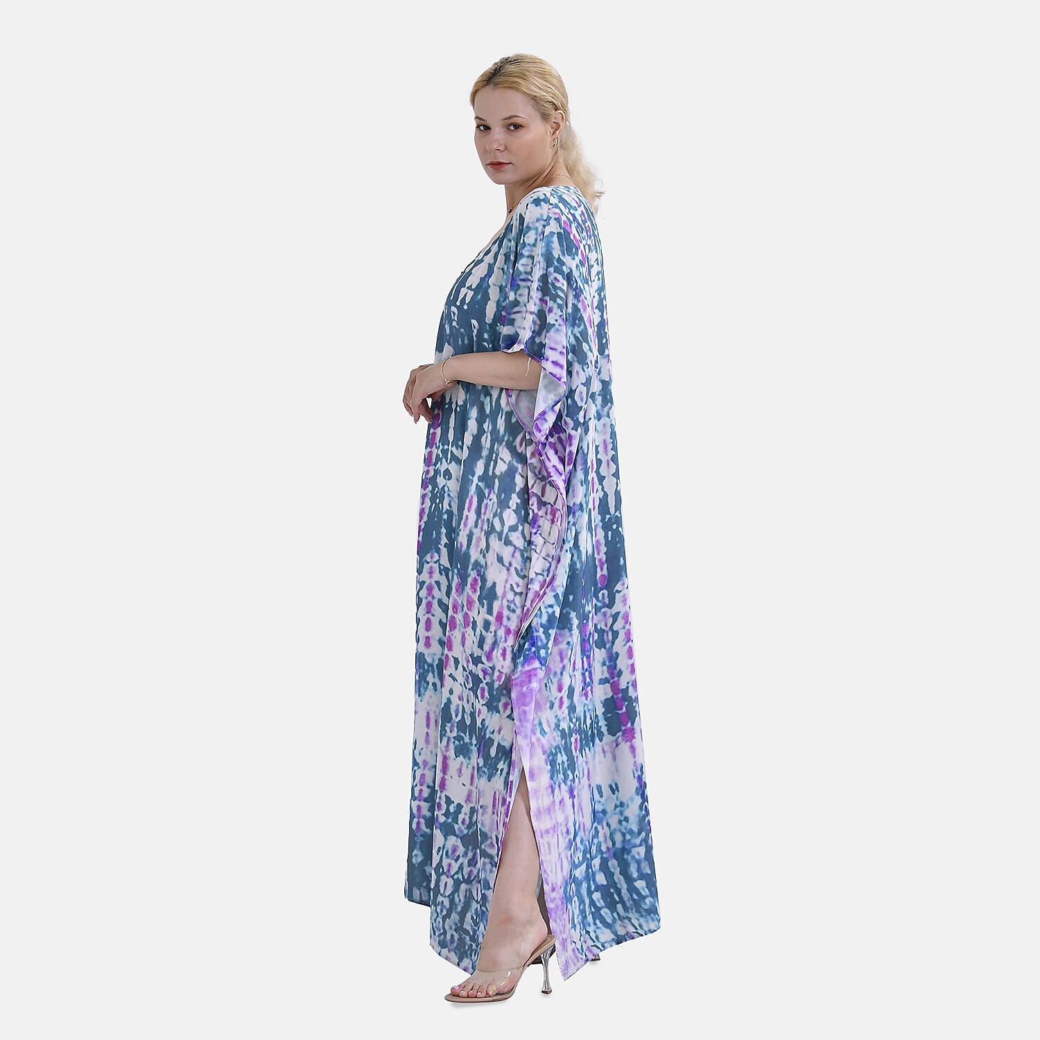 Closeout Deal 100% Viscose V-Neck Tie-Dye Stripe Pattern-Mid-Sleeve Dress (One Size) (8 TO 20) -  Green - Purple