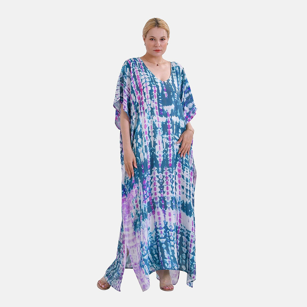 Closeout Deal 100% Viscose V-Neck Tie-Dye Stripe Pattern-Mid-Sleeve Dress (One Size) (8 TO 20) -  Green - Purple