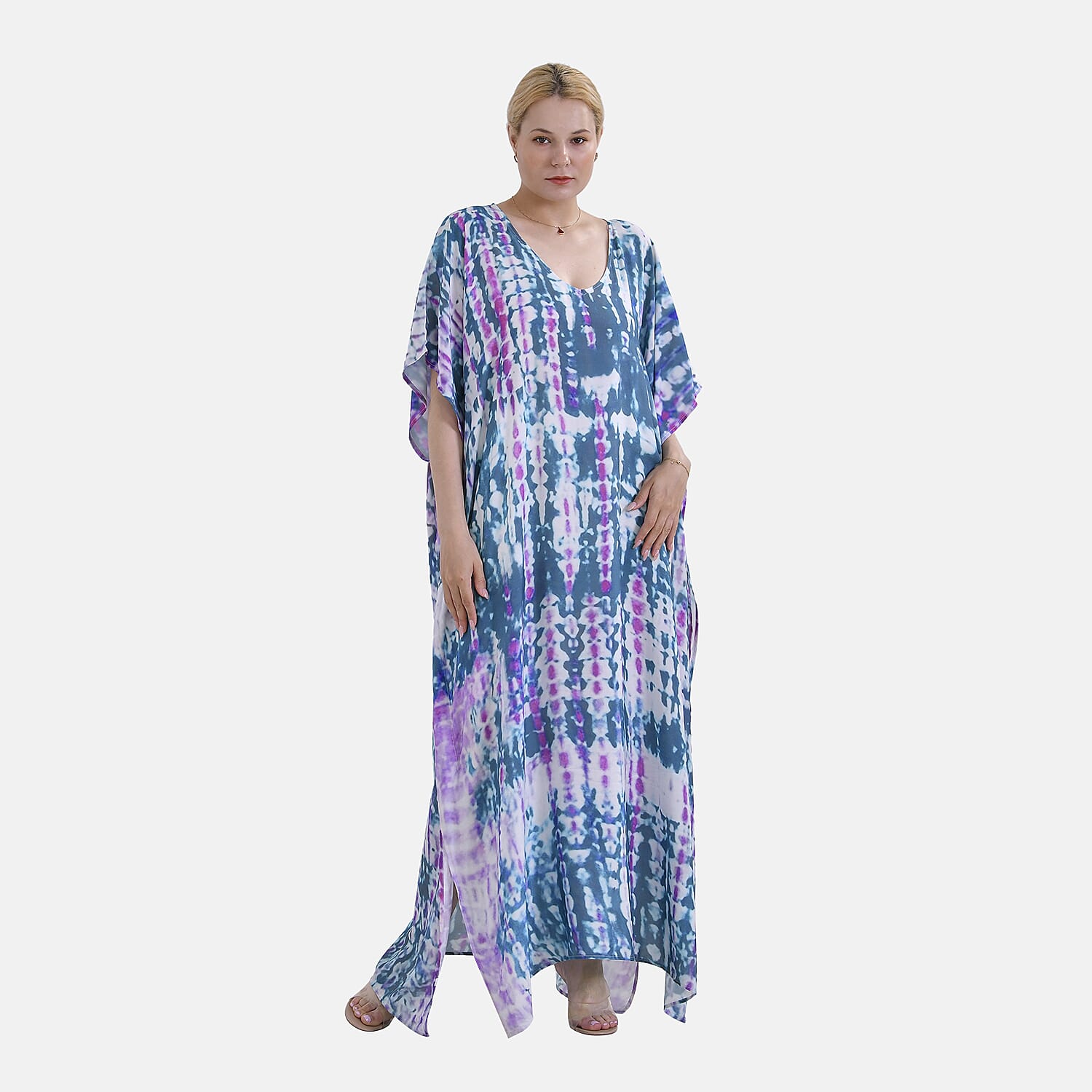 Closeout Deal 100% Viscose V-Neck Tie-Dye Stripe Pattern-Mid-Sleeve Dress (One Size) (8 TO 20) -  Green - Purple
