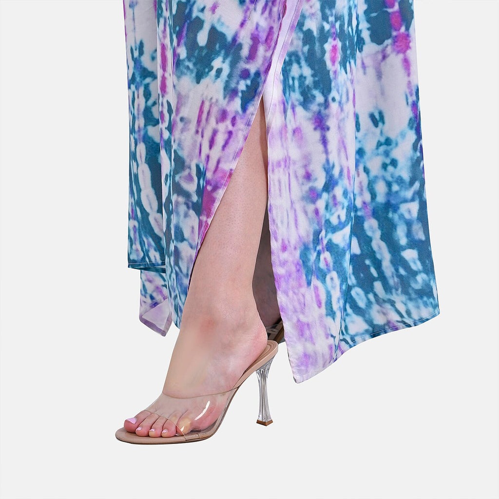 Closeout Deal 100% Viscose V-Neck Tie-Dye Stripe Pattern-Mid-Sleeve Dress (One Size) (8 TO 20) -  Green - Purple