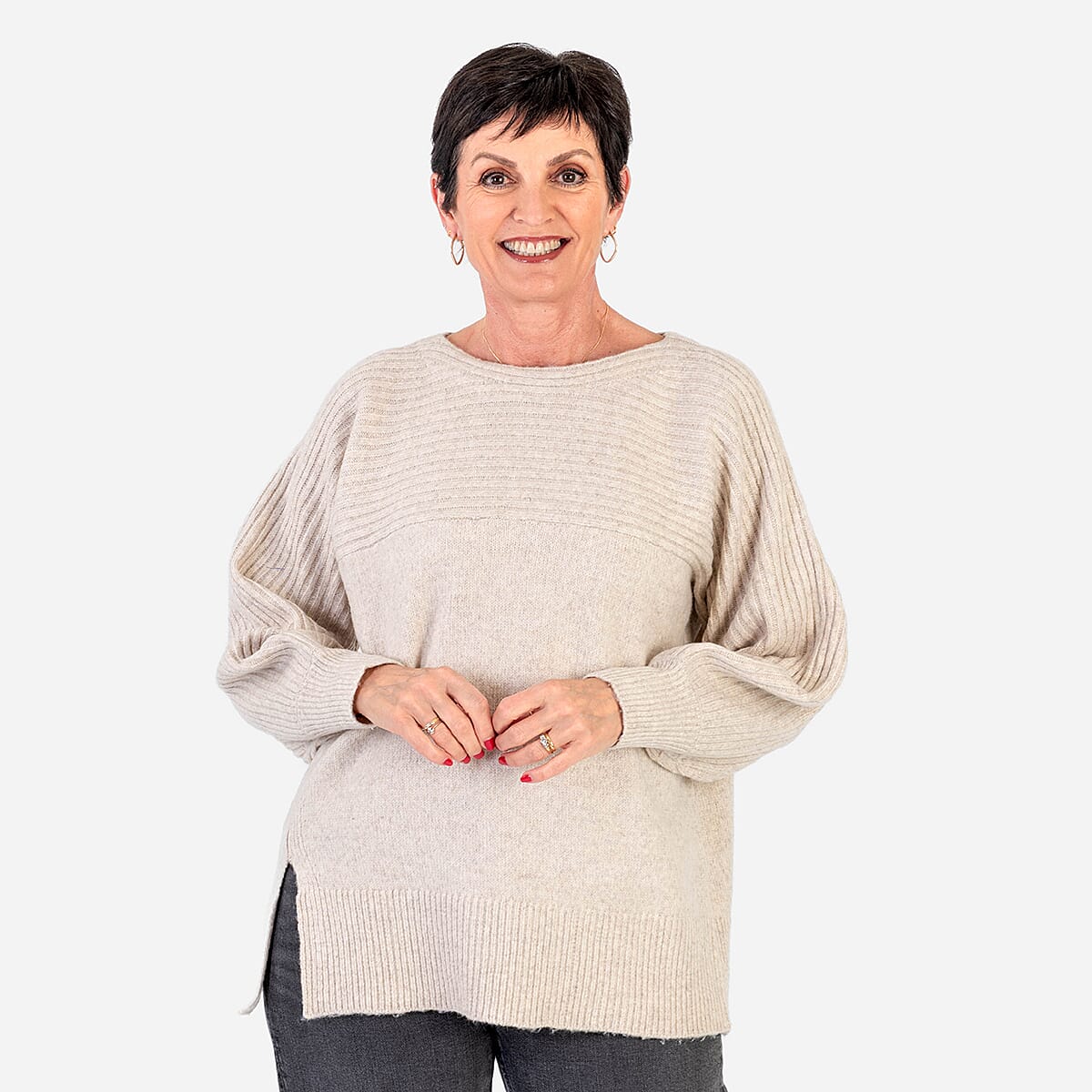 Closeout Deal Wool Blend Stripe Ribbed Jumper (Size L-XL) - Beige