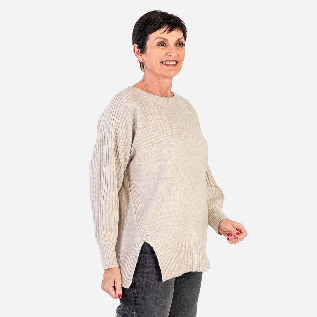 Closeout Deal Wool Blend Stripe Ribbed Jumper (Size S-M) - Beige