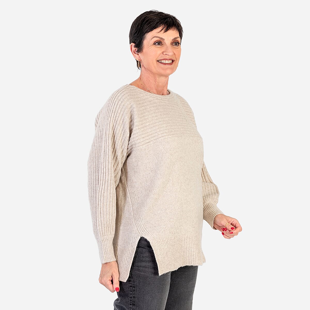 Closeout Deal Wool Blend Stripe Ribbed Jumper (Size S-M) - Beige