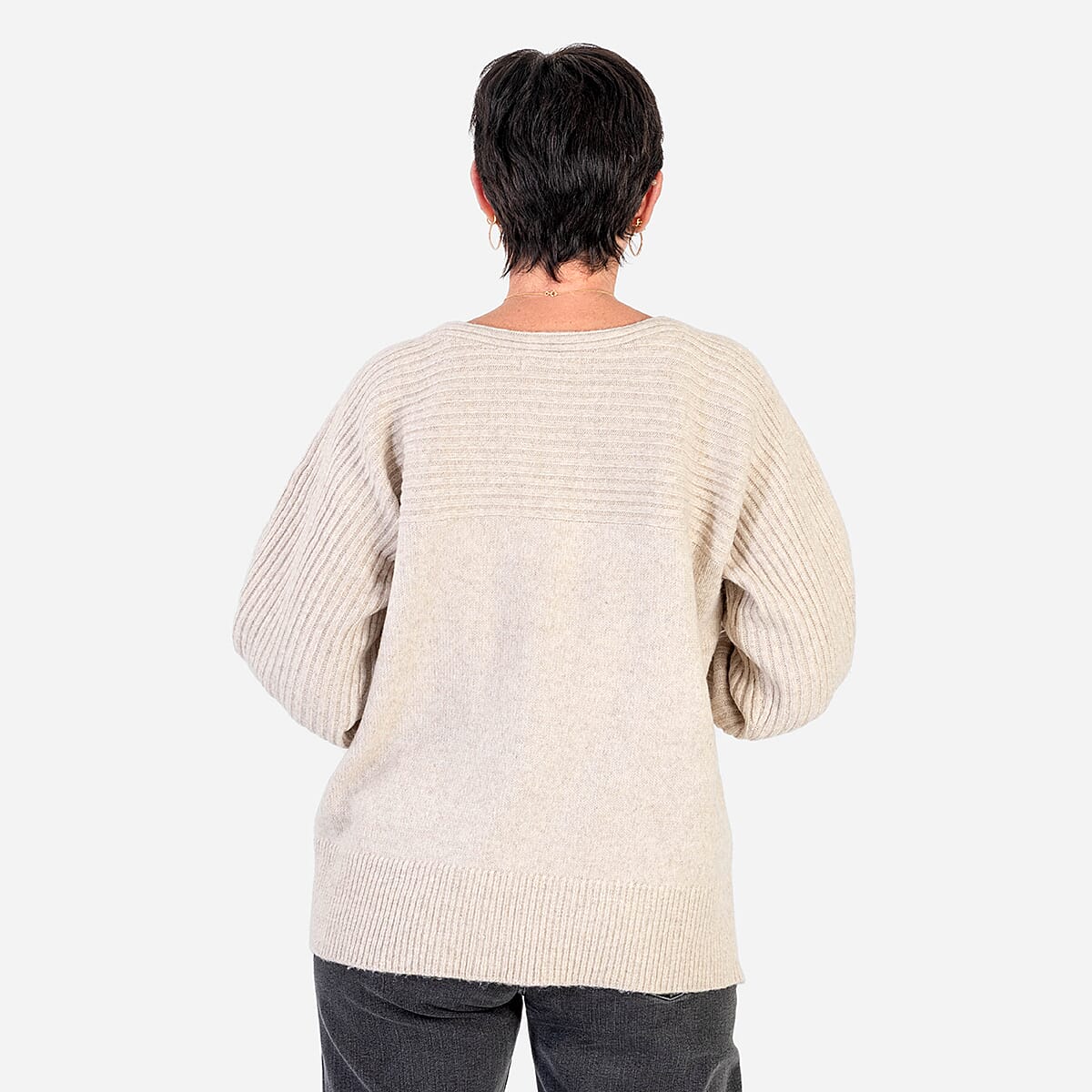 Closeout Deal Wool Blend Stripe Ribbed Jumper (Size S-M) - Beige