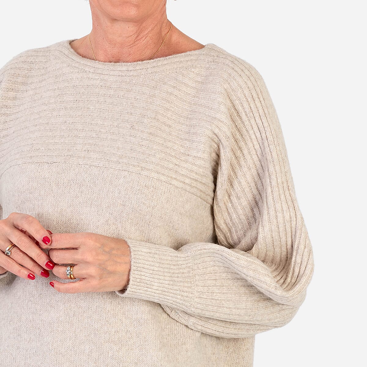Closeout Deal Wool Blend Stripe Ribbed Jumper (Size S-M) - Beige