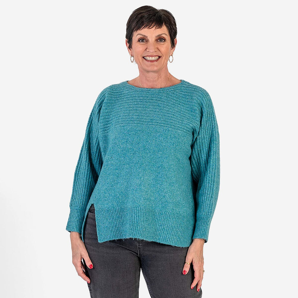 Closeout Deal Wool Blend Stripe Ribbed Jumper (Size S-M) - Aqua