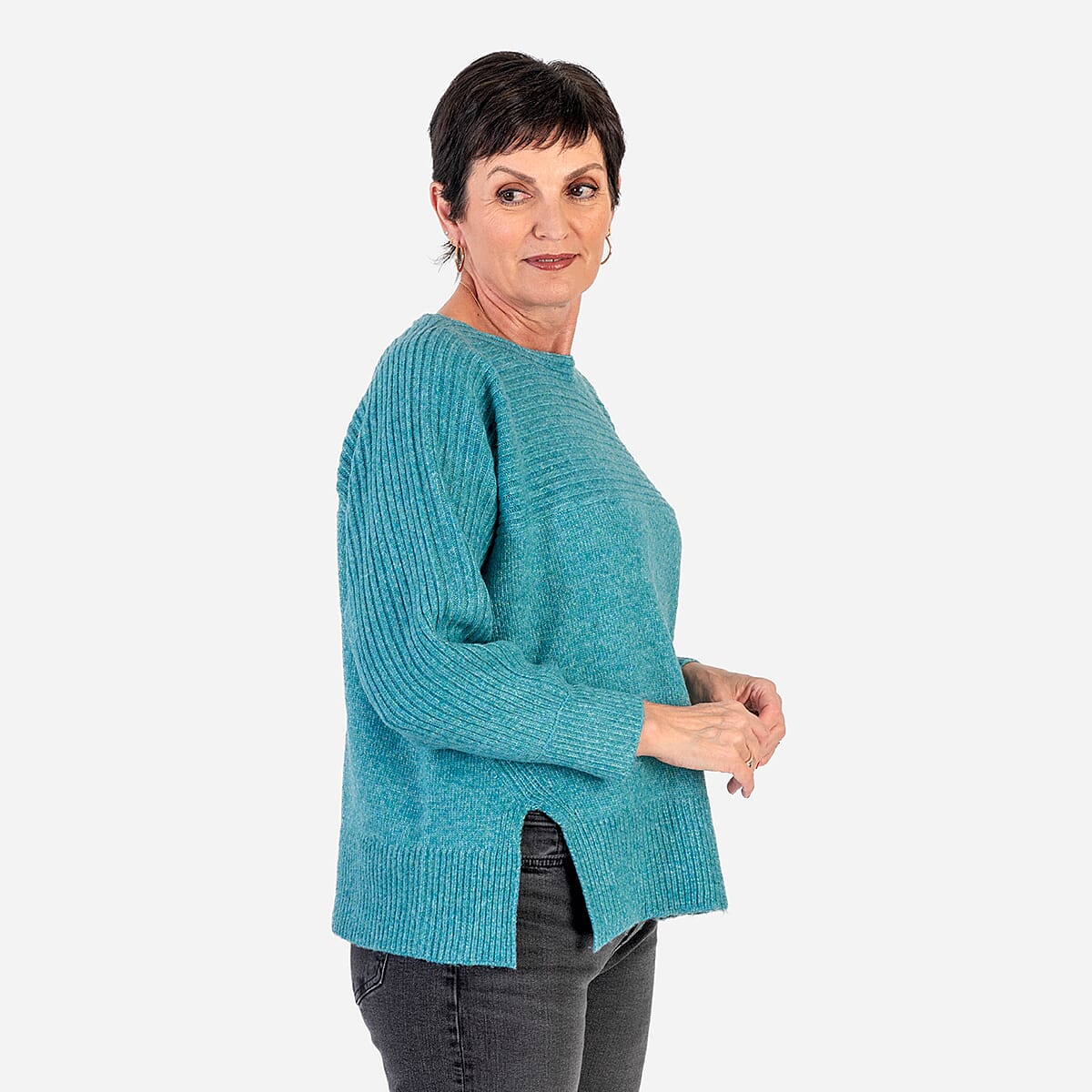 Closeout Deal Wool Blend Stripe Ribbed Jumper (Size S-M) - Aqua