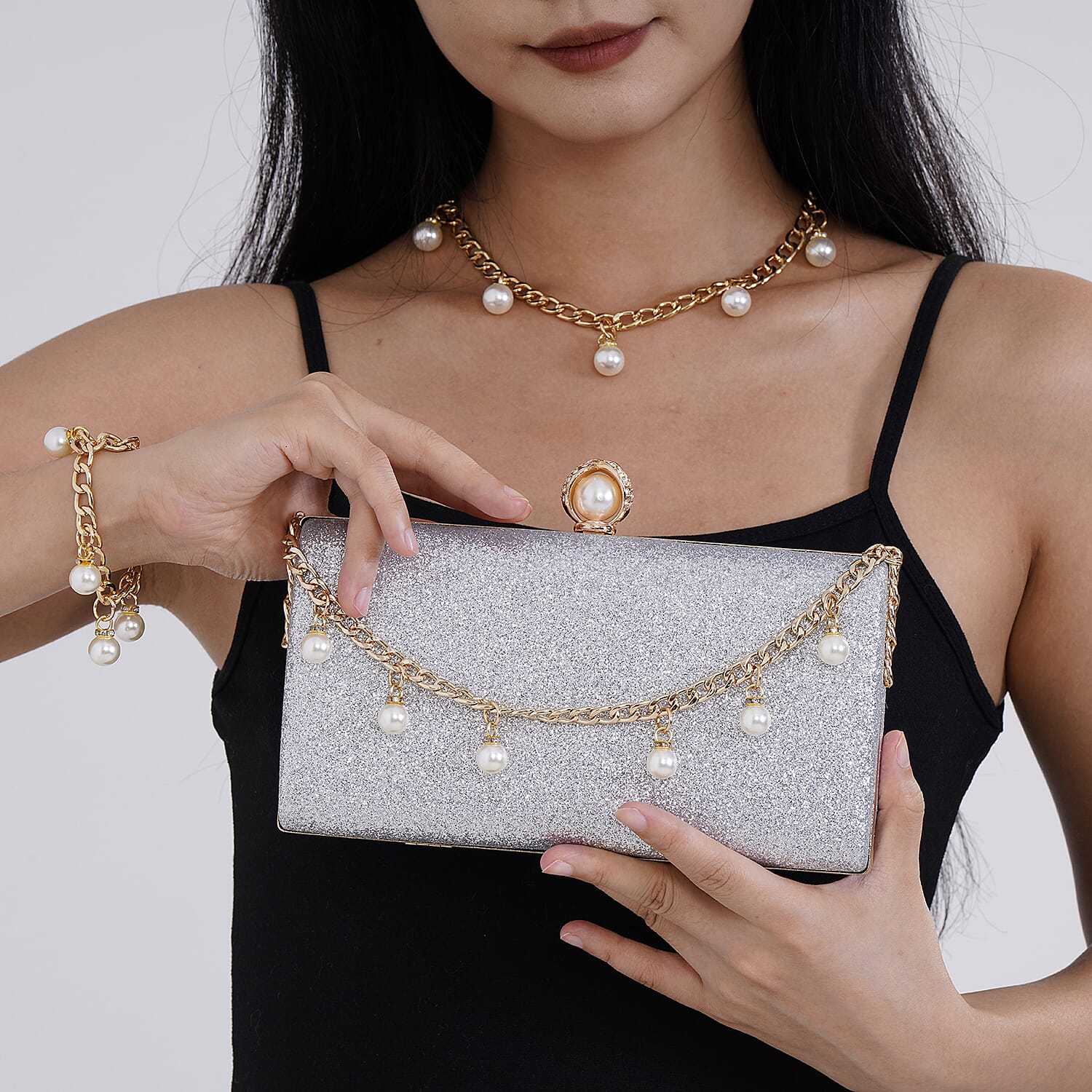 Sequin Clutch Bag with Necklace & Bracelet (Size 22x12x4 cm) - Silver