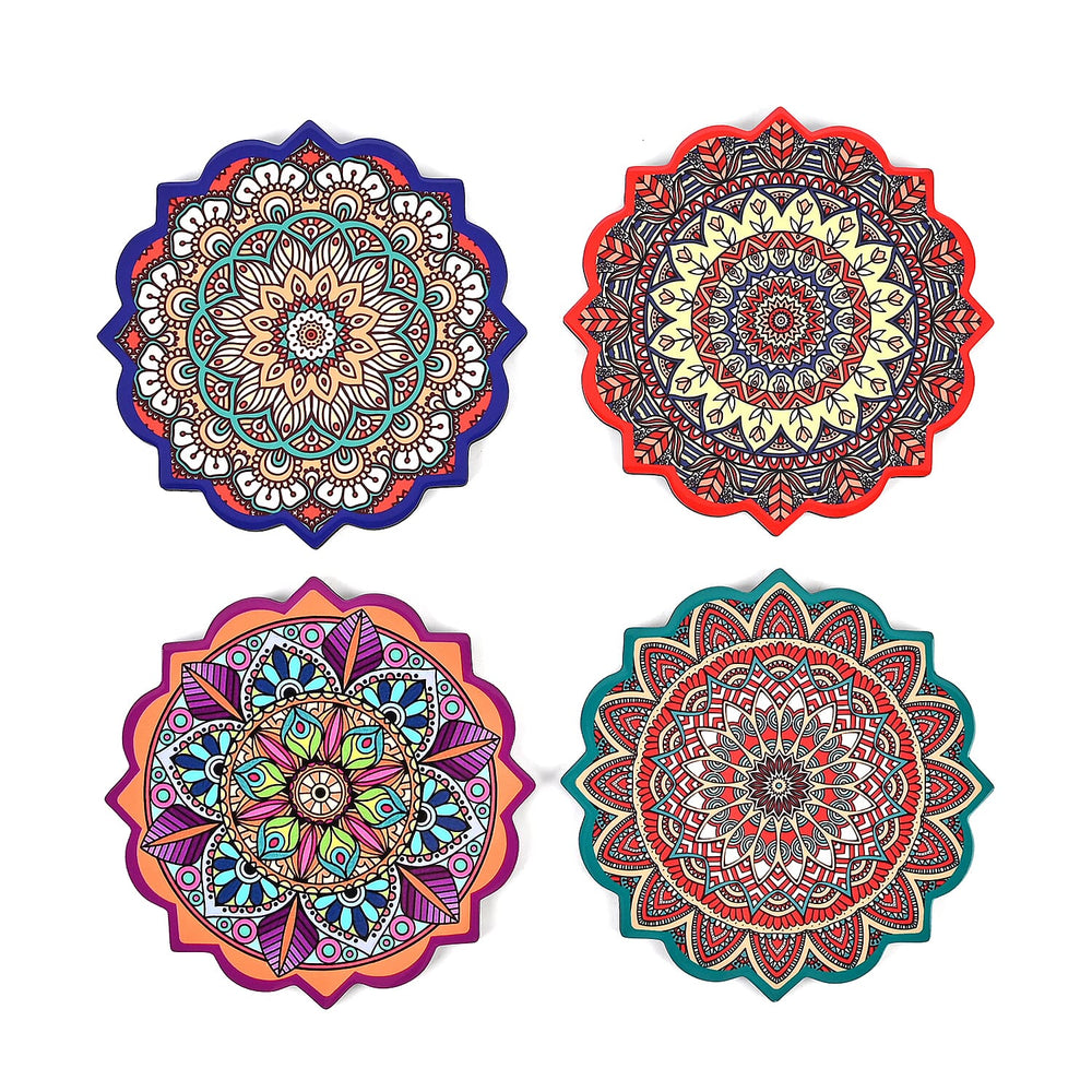 Set of 4 Bohemian Style Round Coasters - Multicolor
