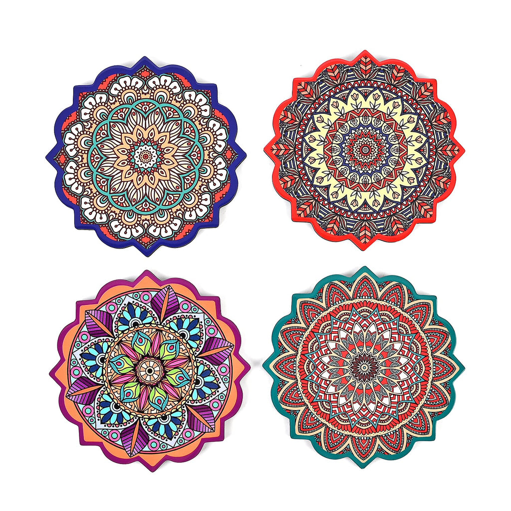 Set of 4 Bohemian Style Round Coasters - Multicolor