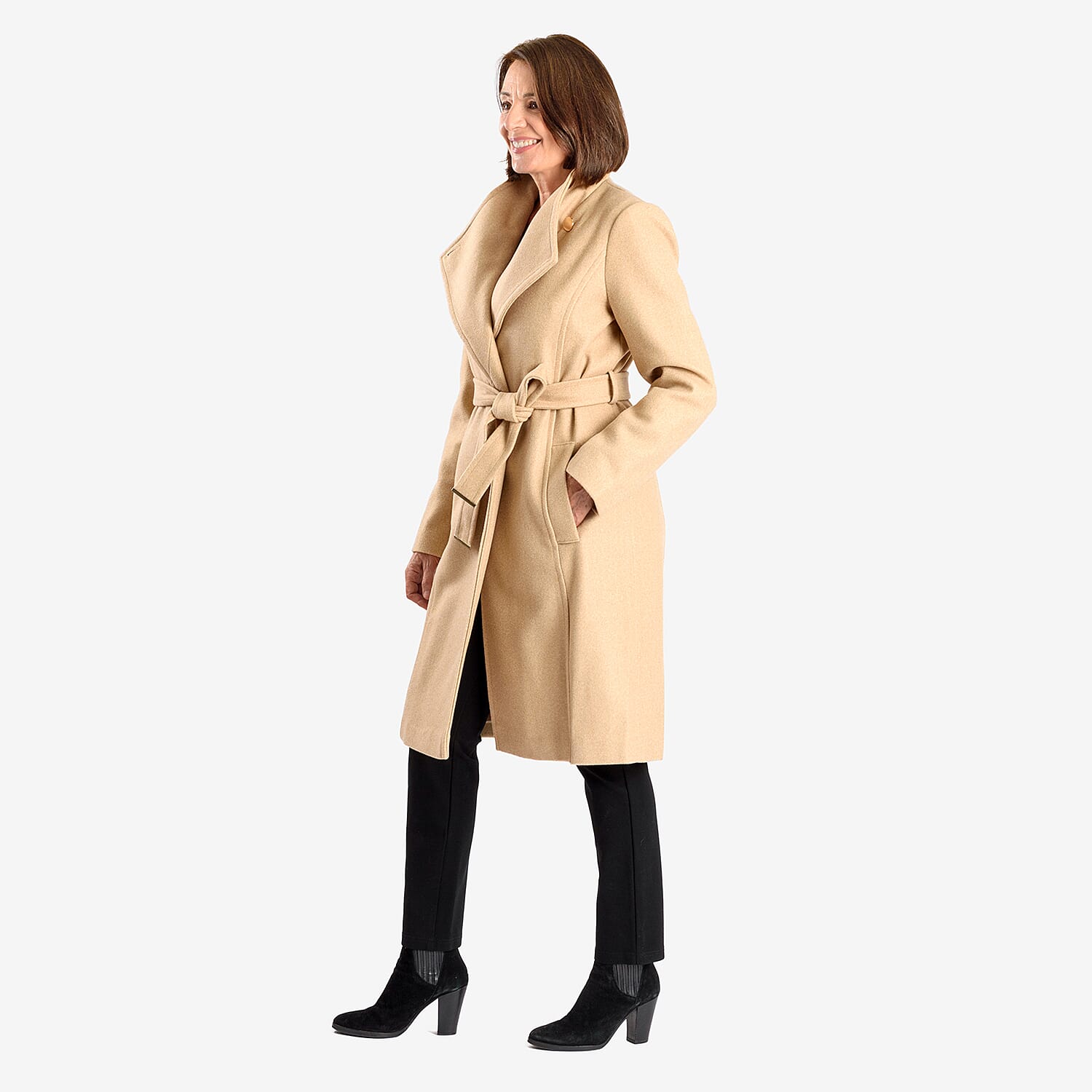 Womens Coat with Waist Belt - Camel