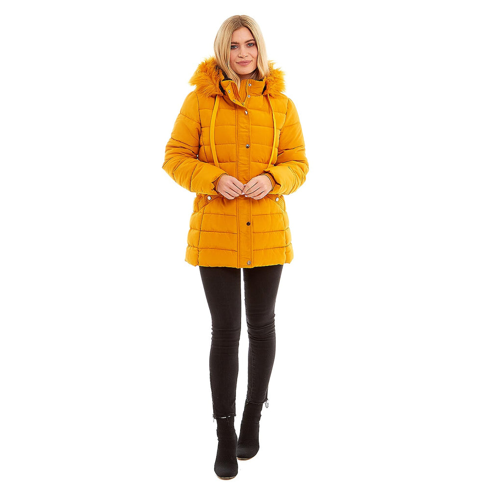 Padded Puffer Jacket with Faux Fur Hood Coat (Size 10) - Mustard