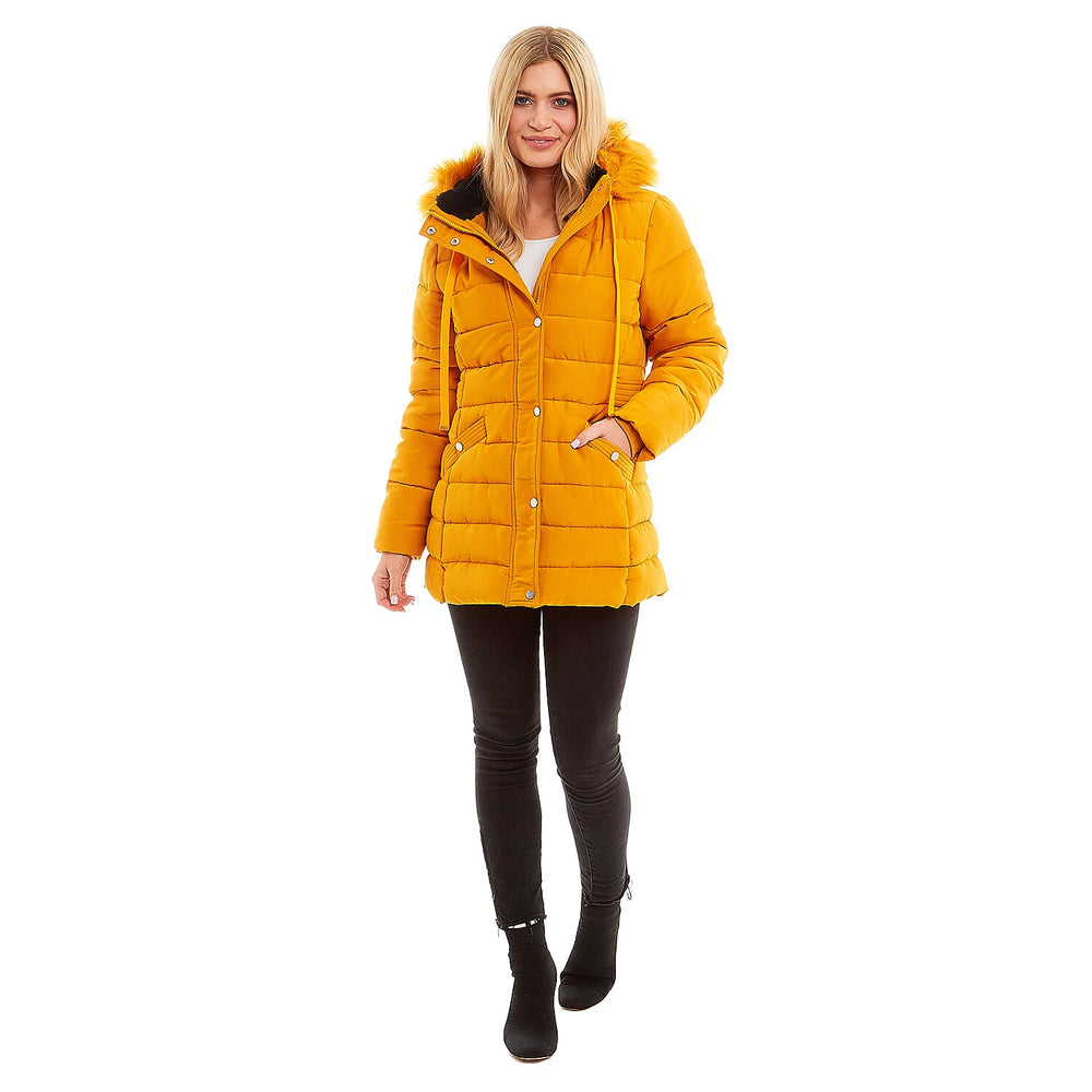 Padded Puffer Jacket with Faux Fur Hood Coat (Size 16) - Mustard