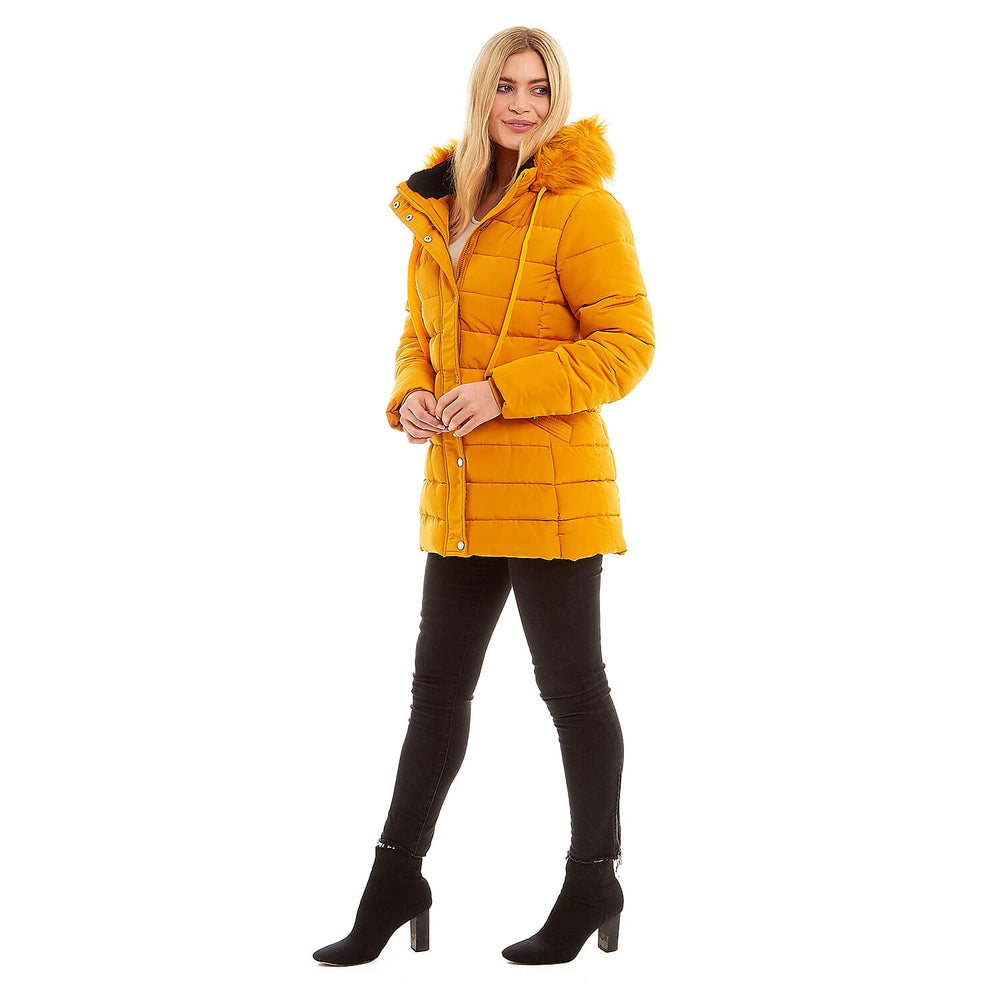 Padded Puffer Jacket with Faux Fur Hood Coat (Size 20) - Mustard