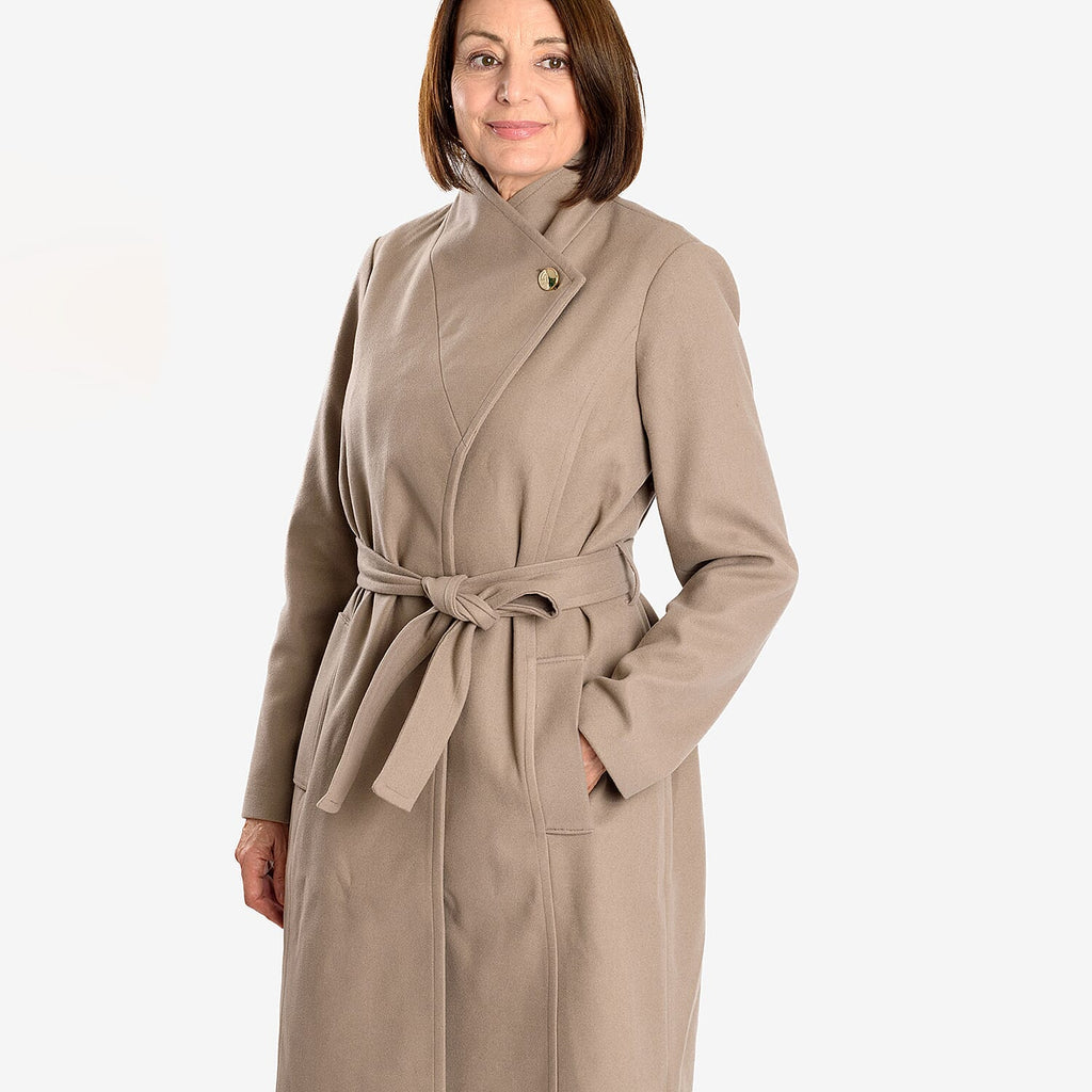 Women’s Knitted Belted Knee-Length Coat with Button Front & Side Pockets