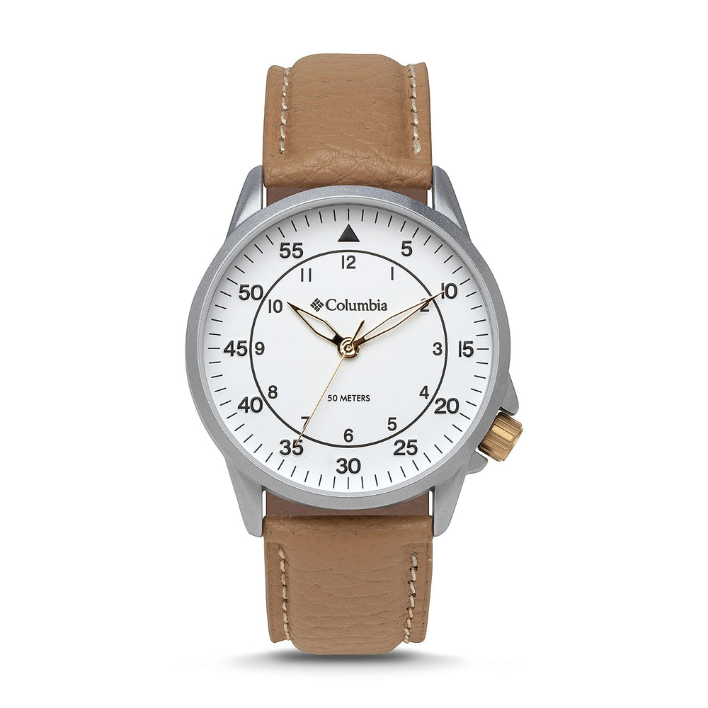 Columbia Viewmont Quartz Movt. 5ATM WR White Dial Mens Watch with Brown Leather Strap
