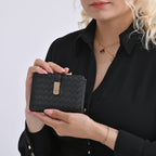Designer Inspired-Compact RFID Protected Wallet with Gold Clasp - Black