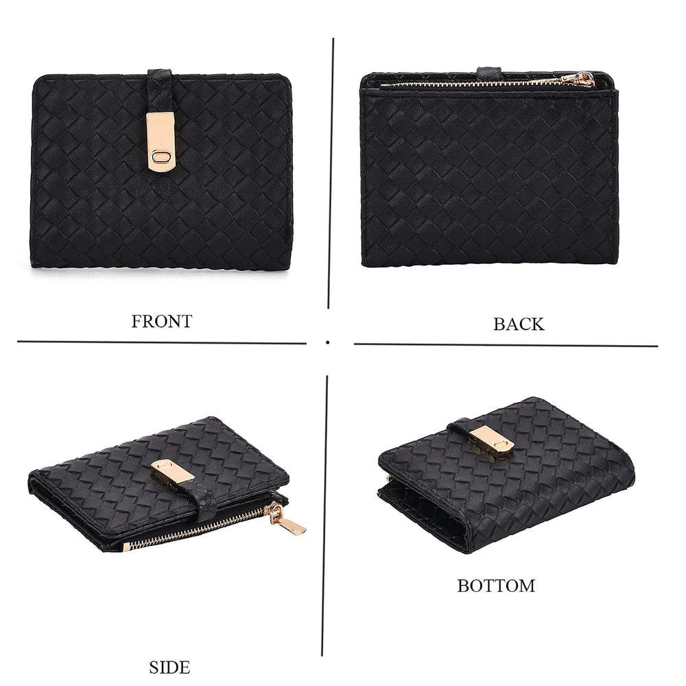 Designer Inspired-Compact RFID Protected Wallet with Gold Clasp - Black
