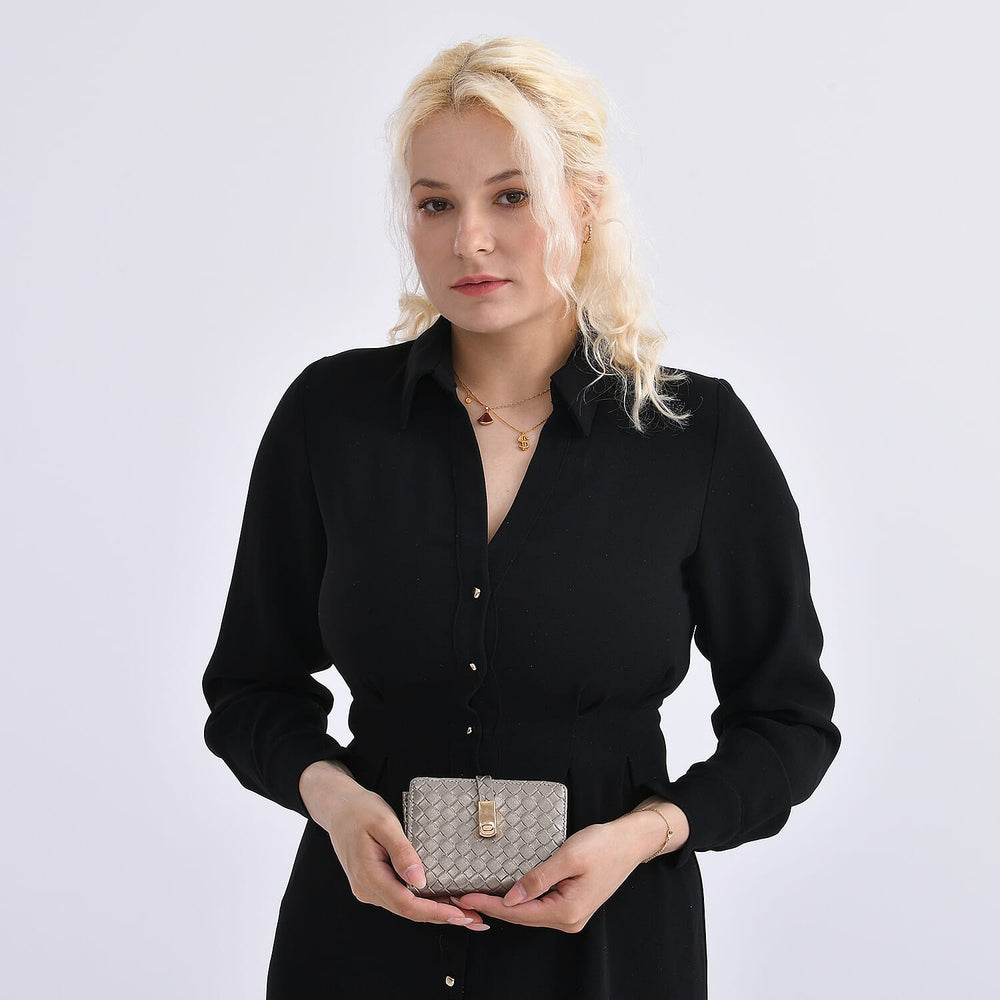 Designer Inspired-Compact RFID Protected Wallet with Gold Clasp - Gold