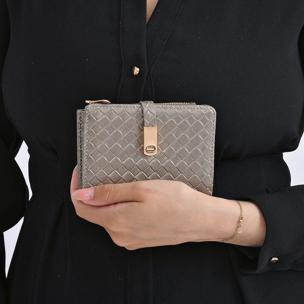 Designer Inspired-Compact RFID Protected Wallet with Gold Clasp - Gold