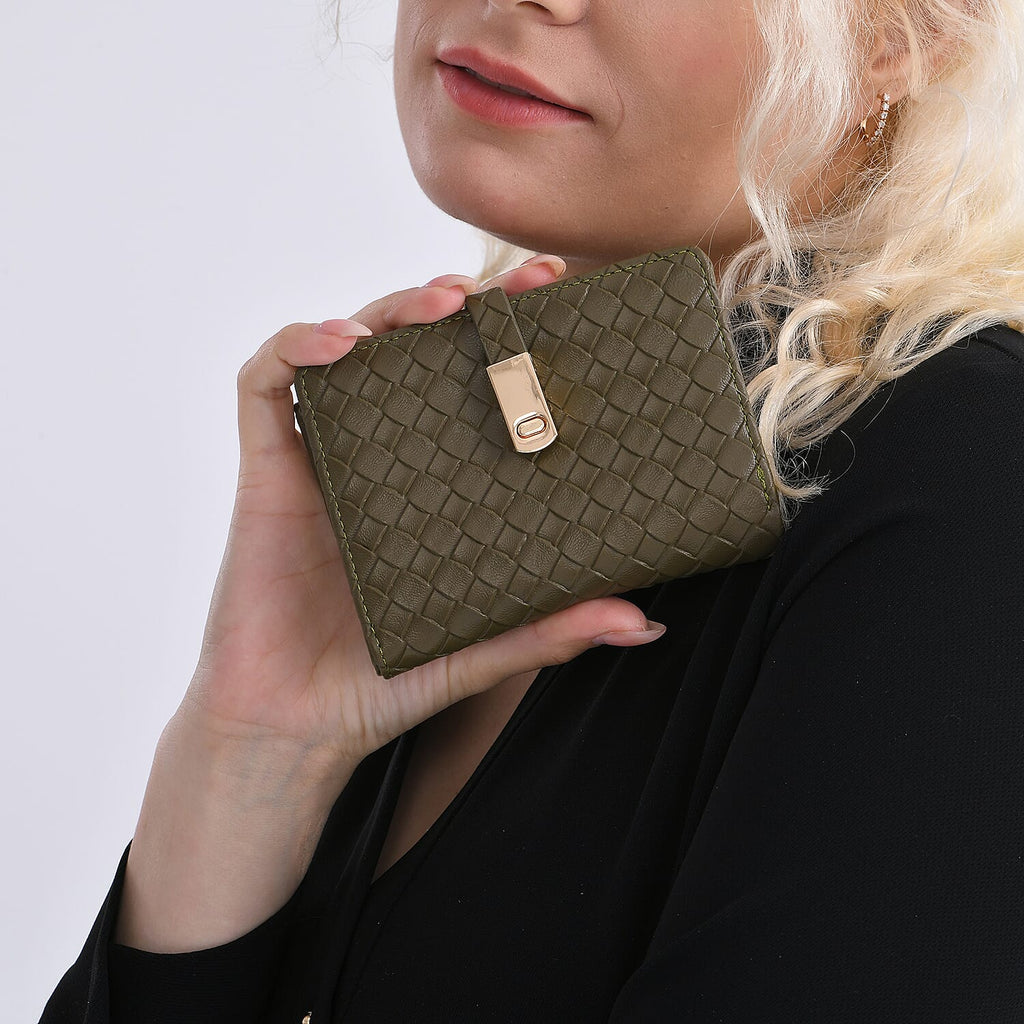 Designer Inspired-Compact RFID Protected Wallet with Gold Clasp - Green