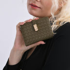 Designer Inspired-Compact RFID Protected Wallet with Gold Clasp - Green