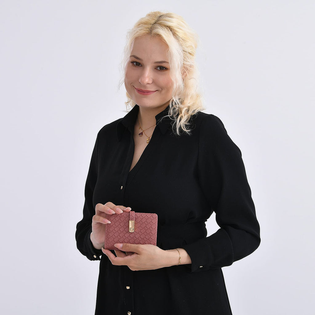 Designer Inspired-Compact RFID Protected Wallet with Gold Clasp - Red
