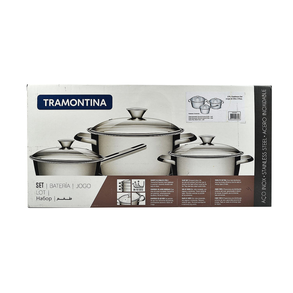 Tramontina Cookware Set - 2 Casserole Pots 20 - 24cm And Saucepan 16cm - Triple Layer Base - All Hob types - Silver