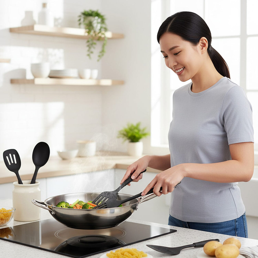 3-Piece Cookware Utensil Set- Inc. Slotted Spoon, Solid Spoon, - Spatula - Black