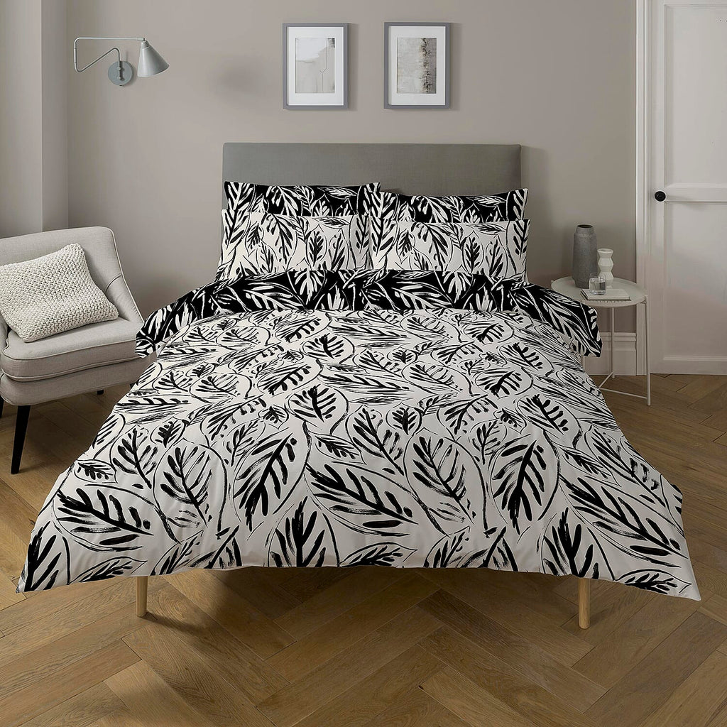 One Time Closeout - Copenhagen Home Laura Leaf Pattern Duvet Cover Set (Size King) - Black & White