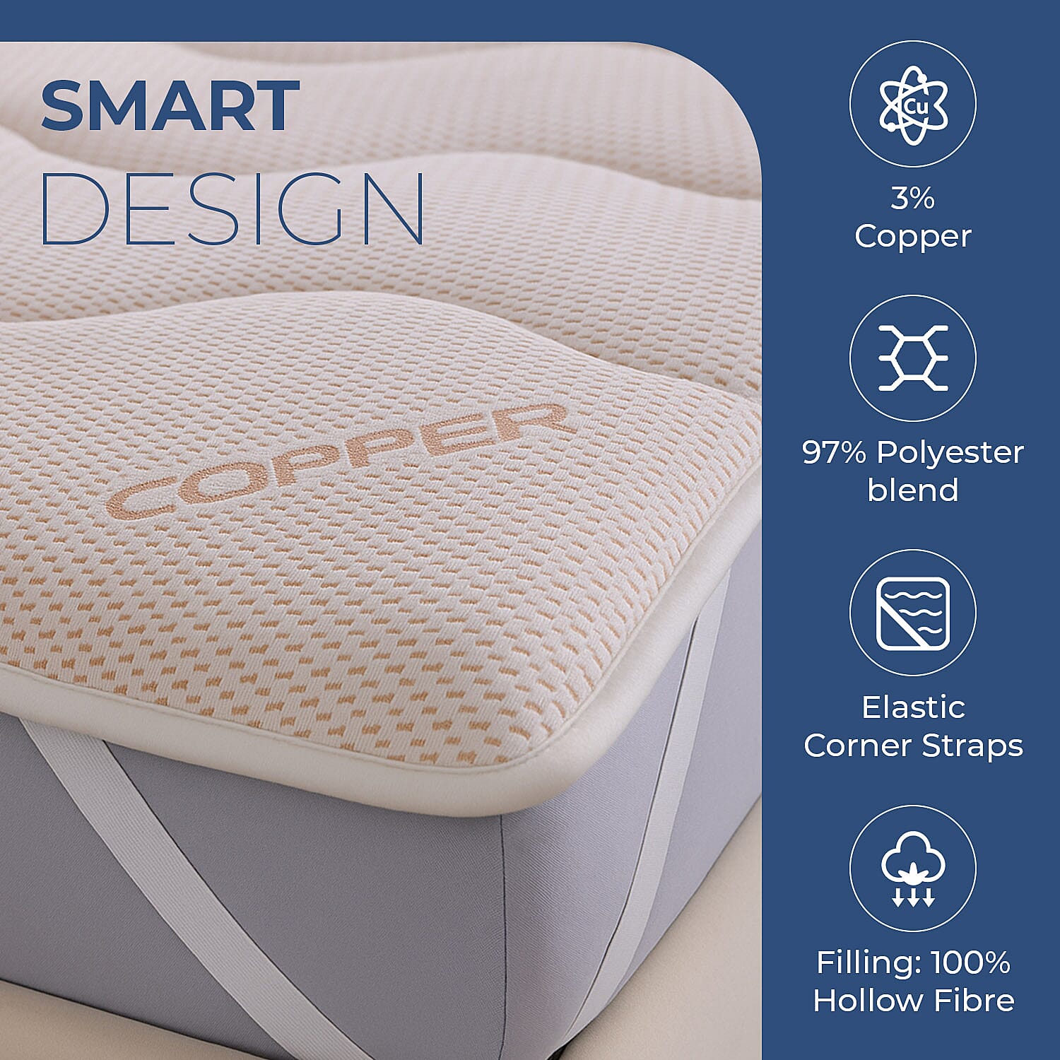 Anti-Bacterial Copper Infused Jacquard Mattress Topper (Size Single) - White