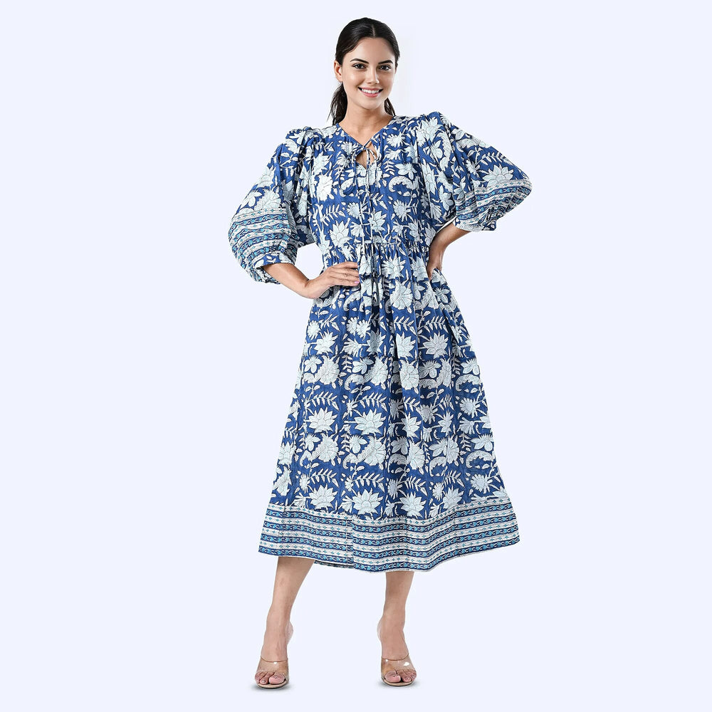 THE HANDMADE LUXURY - Sukriti 100% Cotton Bohemian Hand Block Printed Midi Dress (Size S) - Navy - White