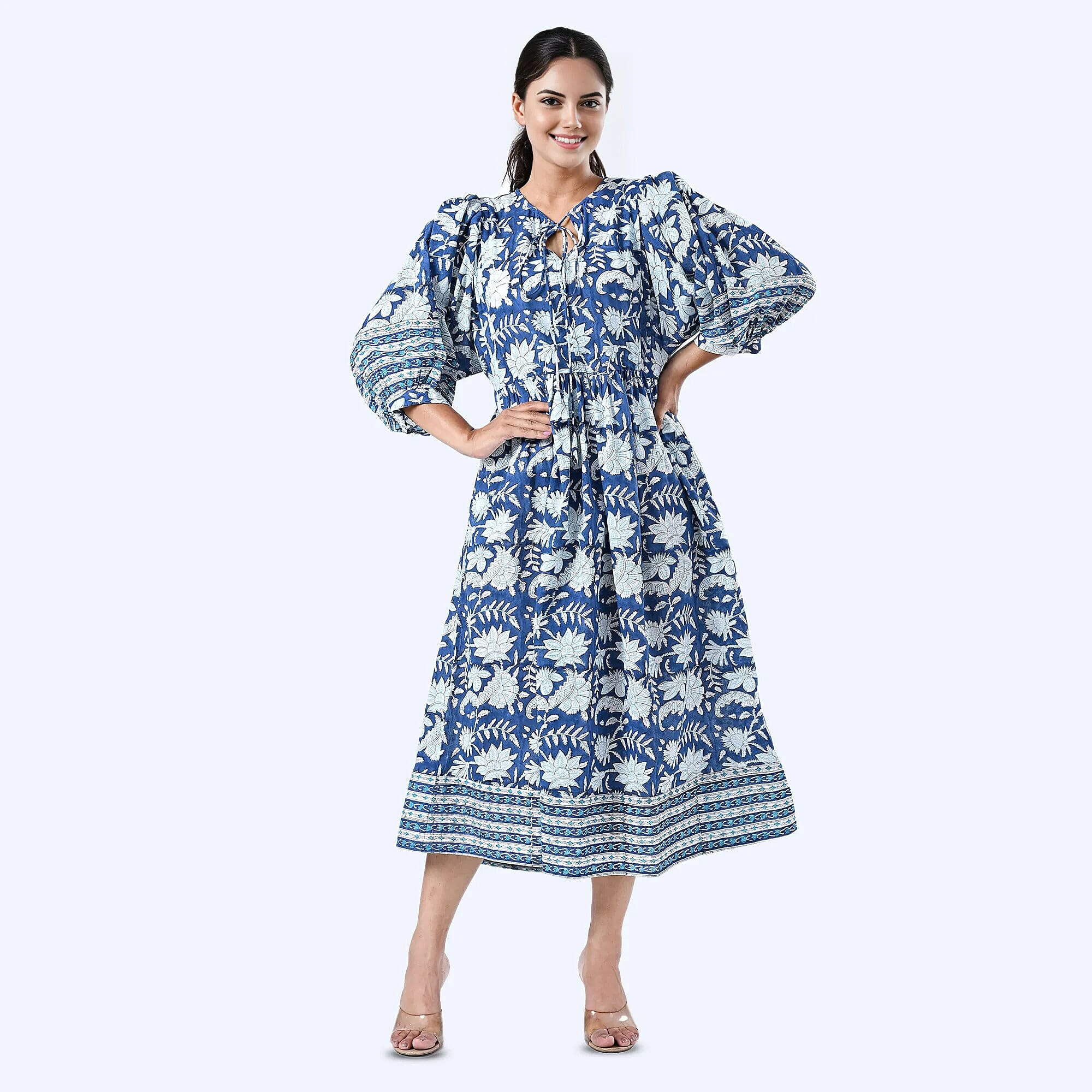 THE HANDMADE LUXURY - Sukriti 100% Cotton Bohemian Hand Block Printed Midi Dress (Size S) - Navy - White