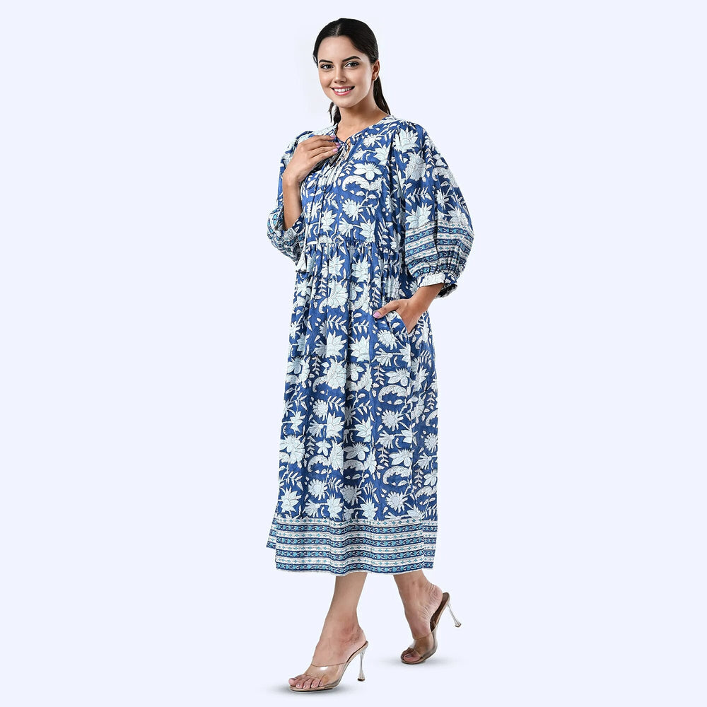 THE HANDMADE LUXURY - Sukriti 100% Cotton Bohemian Hand Block Printed Midi Dress (Size S) - Navy - White