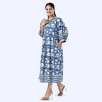 THE HANDMADE LUXURY - Sukriti 100% Cotton Bohemian Hand Block Printed Midi Dress (Size S) - Navy - White