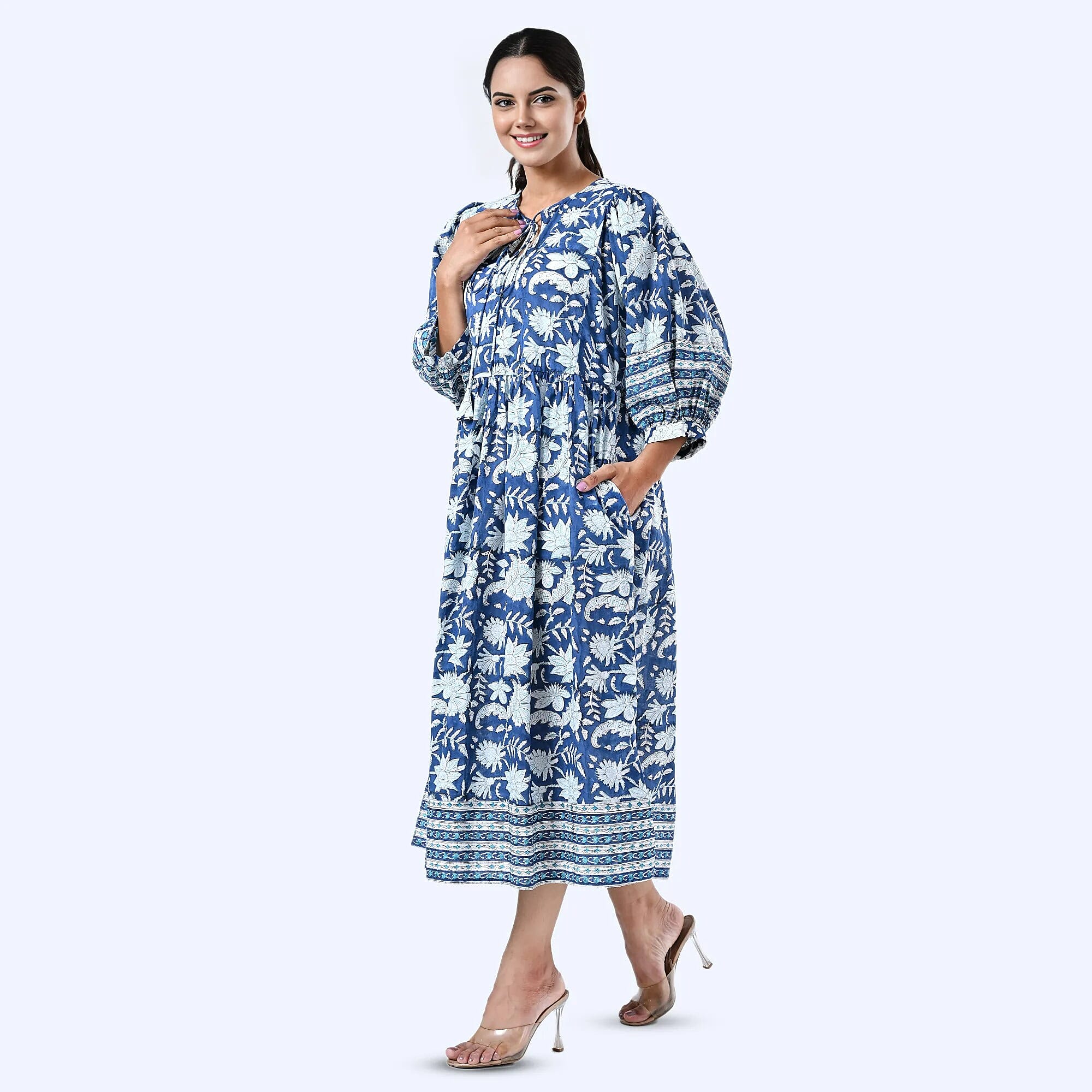 THE HANDMADE LUXURY - Sukriti 100% Cotton Bohemian Hand Block Printed Midi Dress (Size S) - Navy - White