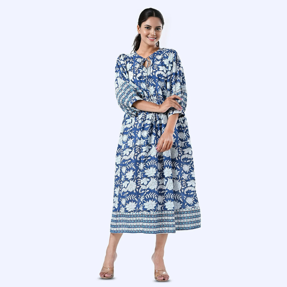 THE HANDMADE LUXURY - Sukriti 100% Cotton Bohemian Hand Block Printed Midi Dress (Size S) - Navy - White
